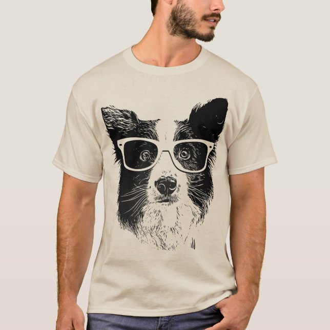 Border Collie glasses hipster Dog Tee Shirt (Framsida)