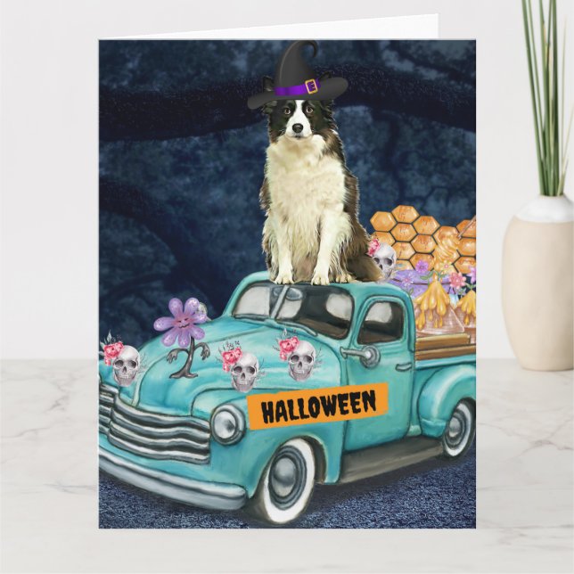 Border Collie Halloween Lastbil Skräcknatt Kort (Framsida)