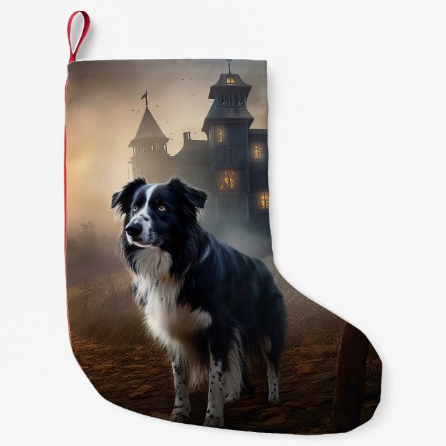 Border Collie Halloween Skräckinjagande Liten Julstrumpa (Framsidan)