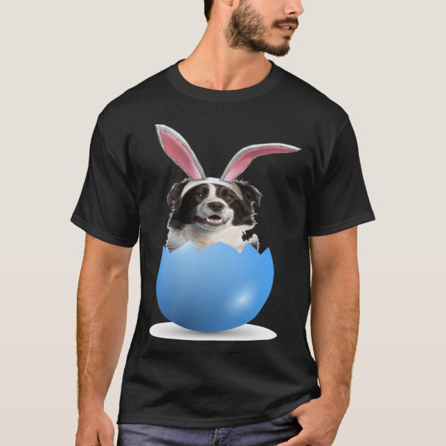 Border Collie Herding Dog Easter Bunny Egg Hunting T Shirt (Framsida)