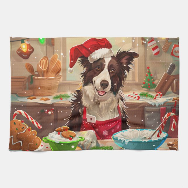 Border Collie Högtidsbakning: Festlig jul Kökshandduk (Horisontell)