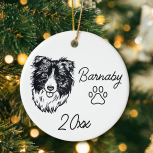 Border Collie Hund Anpassat Namn & År Linje Konst Julgransprydnad Keramik