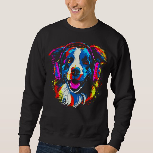 Border Collie Hund DJ Musik Lång Ärmad Tröja (Framsida)