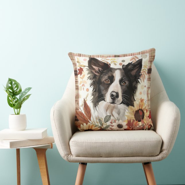 Border Collie Hund Fall Vattenfärg Blommor Kudde (Stol)