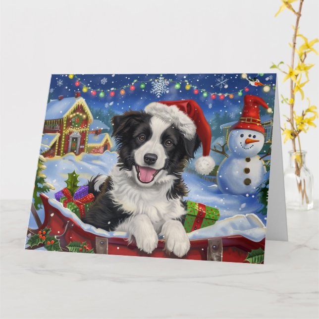 Border Collie Hund i släd snö jul Kort (Gul blomma)