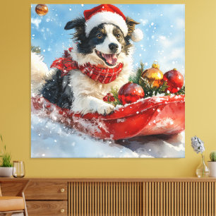 Border Collie Hund i Släde Låt det Snöa Jul Canvastryck