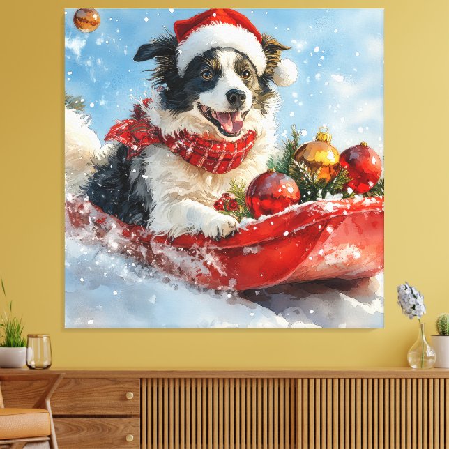 Border Collie Hund i Släde Låt det Snöa Jul  Canvastryck (Insitu (Vardagsrum))