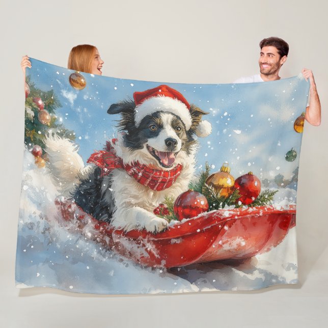 Border Collie Hund i Släde Låt det Snöa Jul  Fleecefilt (På plats)
