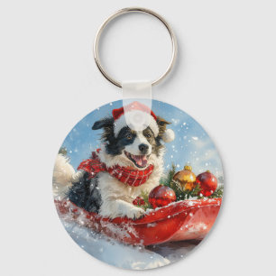 Border Collie Hund i släde Låt det snöa jul Nyckelring