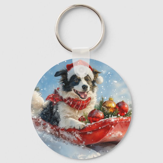 Border Collie Hund i släde Låt det snöa jul  Nyckelring (Framsida)