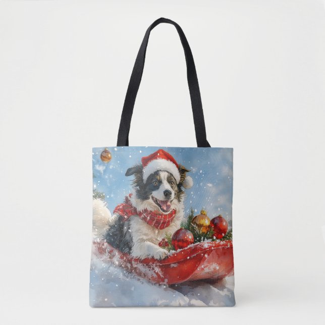 Border Collie Hund i släde Låt det snöa jul  Tygkasse (Framsida)