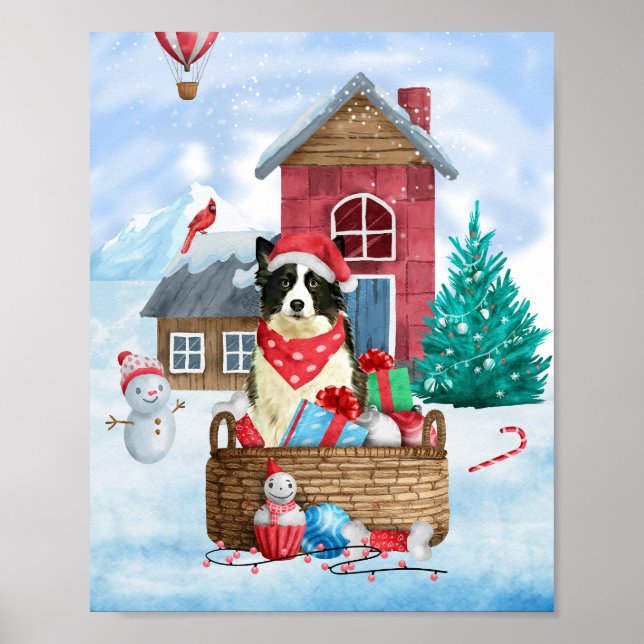 Border Collie hund i snö Jul hundstuga Poster (Framsidan)