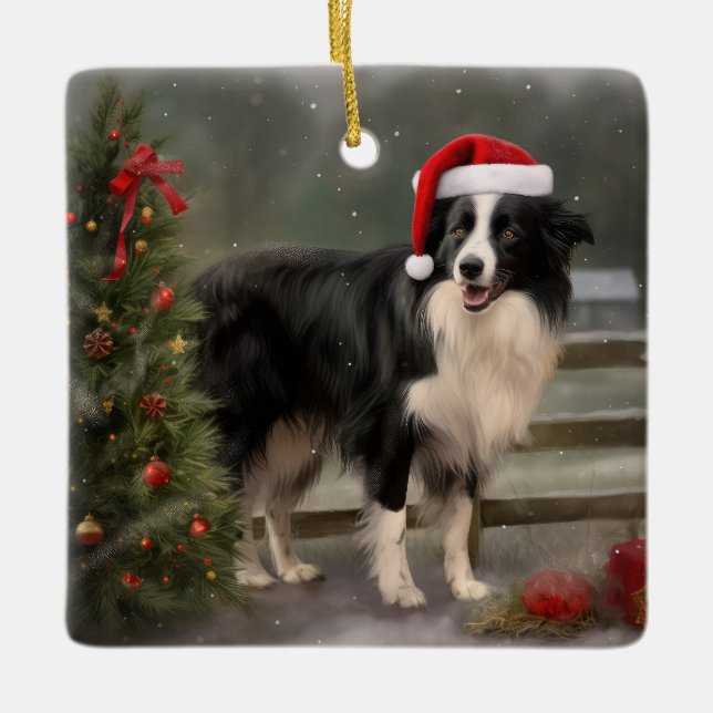 Border Collie Hund i Snö Jul Julgransprydnad Keramik (Framsida)