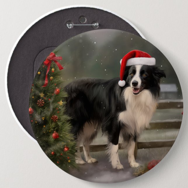 Border Collie Hund i Snö Jul Knapp (Framsida & baksida)