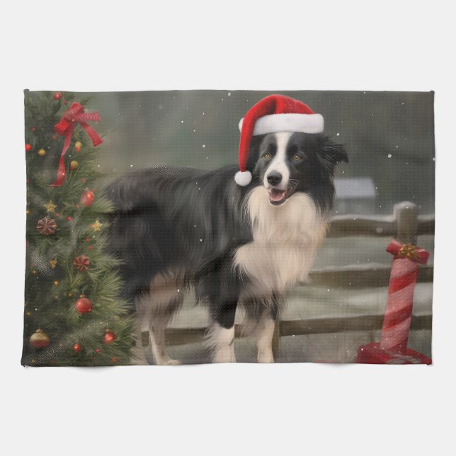 Border Collie Hund i Snö Jul Kökshandduk (Horisontell)