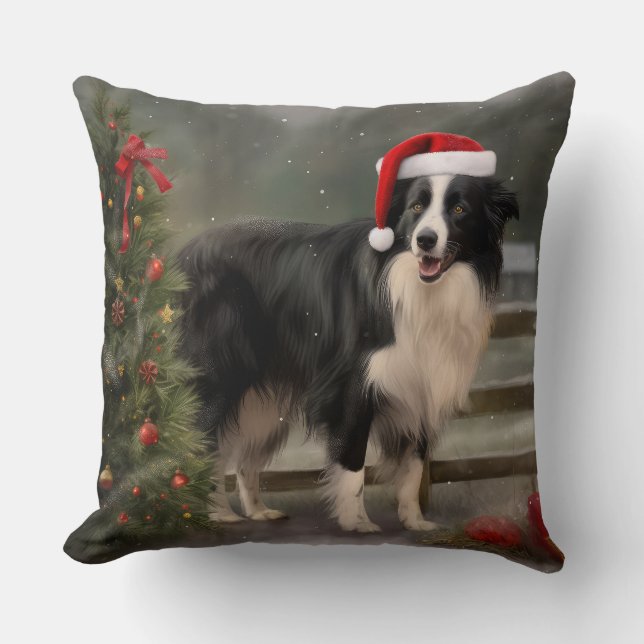 Border Collie Hund i Snö Jul Kudde (Framsida)