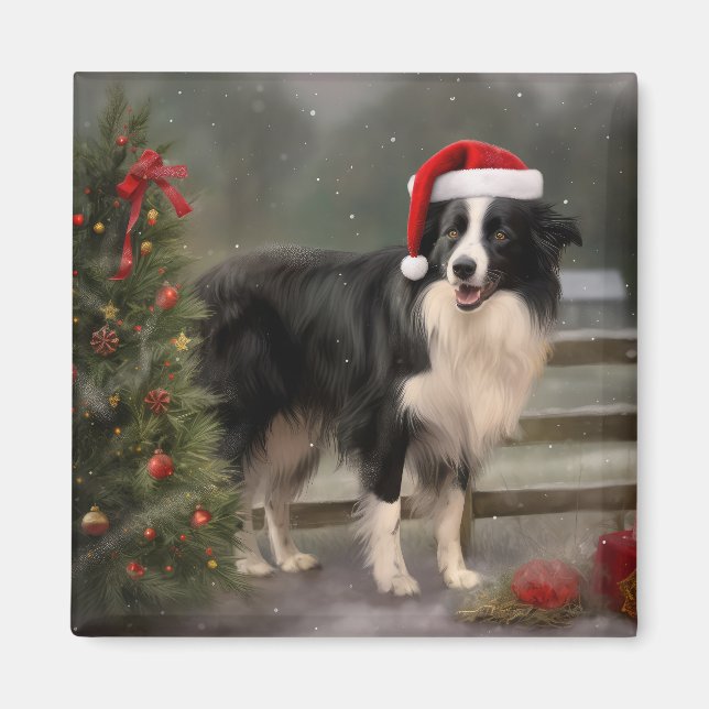 Border Collie Hund i Snö Jul Magnet (Framsidan)