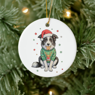 Border Collie Hund Julhatt Jul Border Xmas Julgransprydnad Keramik