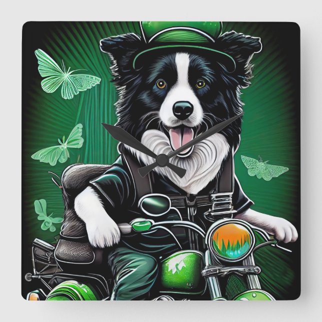 Border Collie Hund Kör Cyckel St. Patrick's Day Fyrkantig Klocka (Framsida)