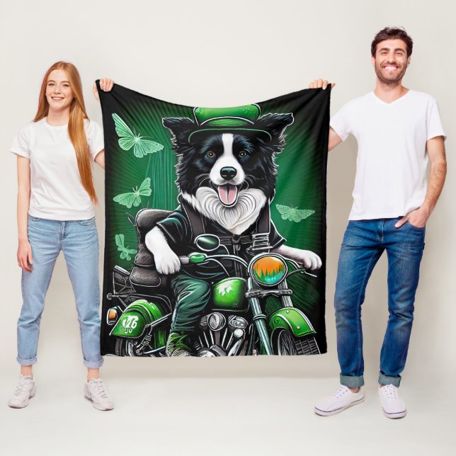 Border Collie Hund Kör Cykel St. Patrick's Day Fleecefilt (På plats)