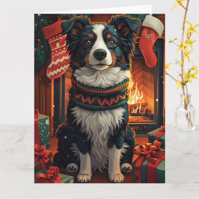 Border Collie  Hund med julklappar Öppen spis Kort (Gul blomma)