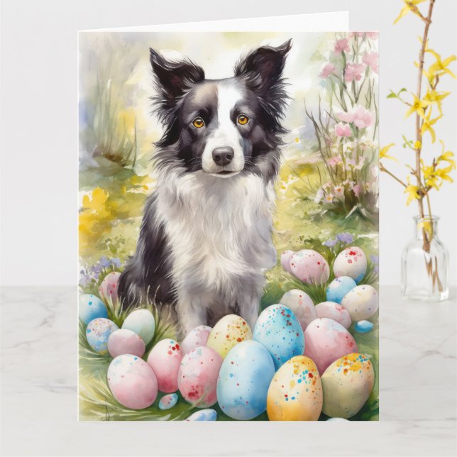 Border Collie Hund med påskägg Semester  Kort (Gul blomma)