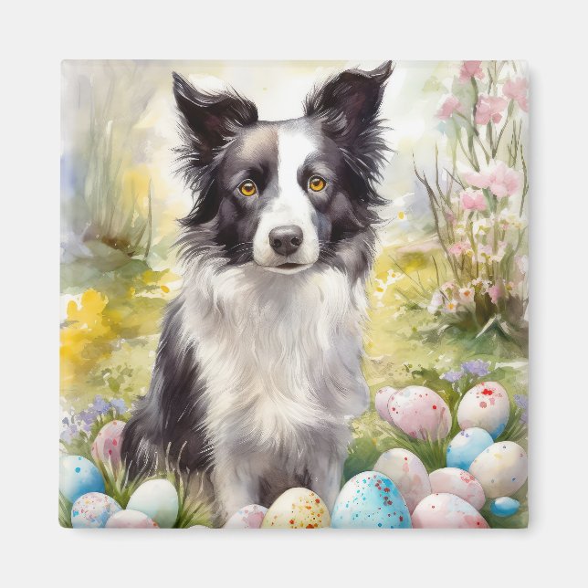 Border Collie Hund med Påskägg Semester Magnet (Framsidan)