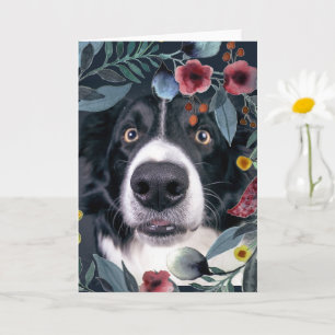 Border Collie Hund med Vattenfärg Rosa Blomma Kort