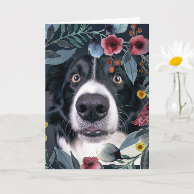 Border Collie Hund med Vattenfärg Rosa Blomma Kort (Liten växt)