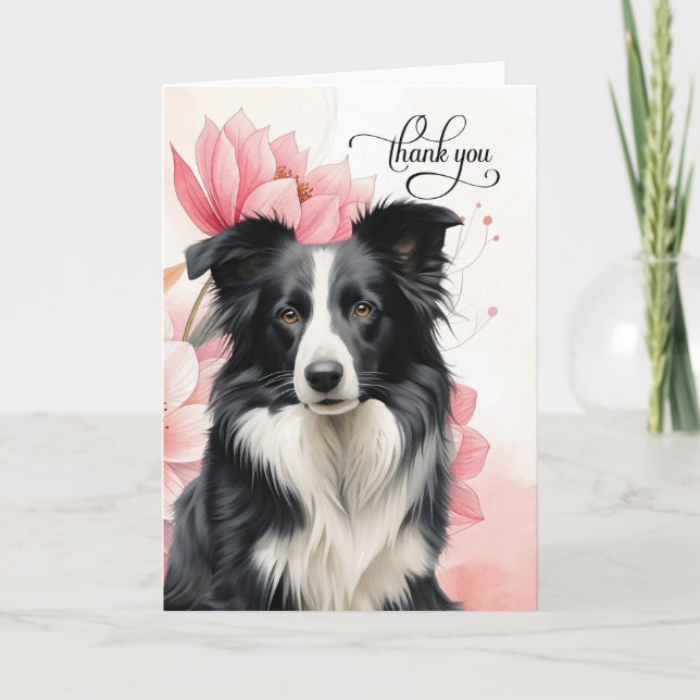 Border Collie Hund Mjuk Rosa Botaniska Blommor Tack Kort (Framsida)