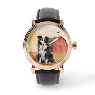 Border Collie Hund och Röd Ladugård Ranch Armbandsur