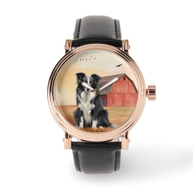 Border Collie Hund och Röd Ladugård Ranch Armbandsur (Framsida)