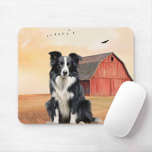 Border Collie Hund och Röd Ladugård Ranch Musmatta (Med mus)