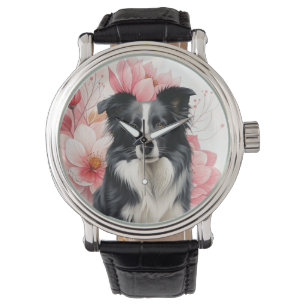 Border Collie Hund och Rosa Liljor Armbandsur