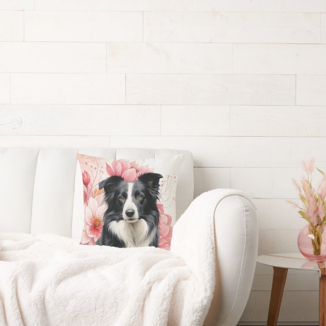 Border Collie Hund och Rosa Liljor Kudde (Soffa)