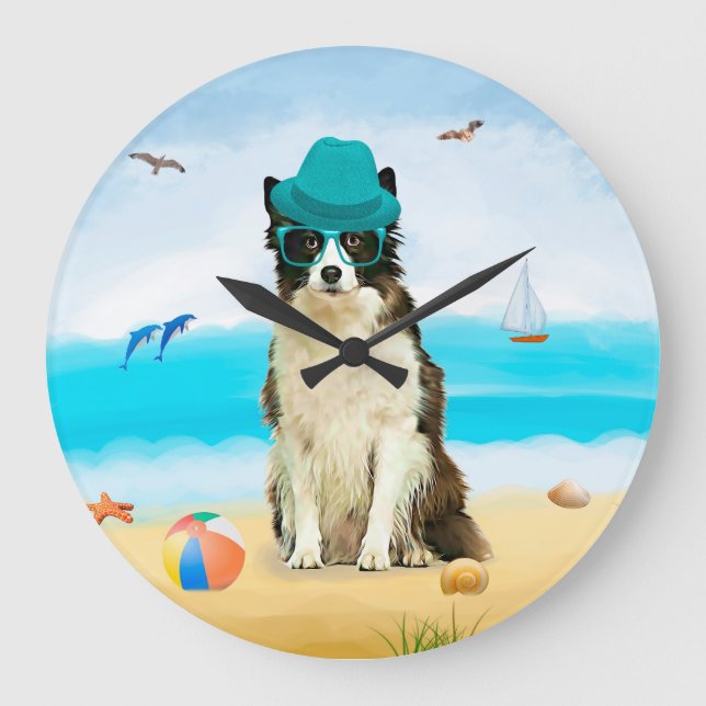 Border Collie Hund på Strand Stor Klocka (Framsida)