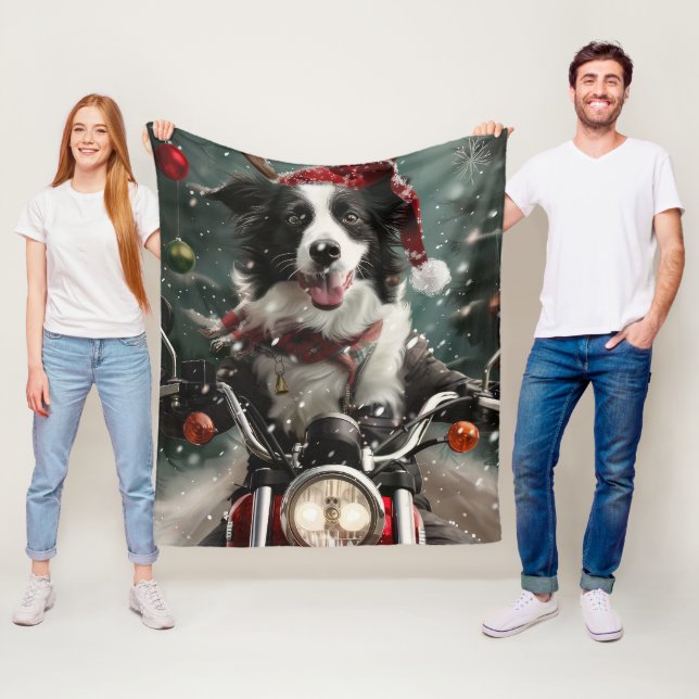 Border Collie Hund Ridning Motorcykel Jul  Fleecefilt (På plats)
