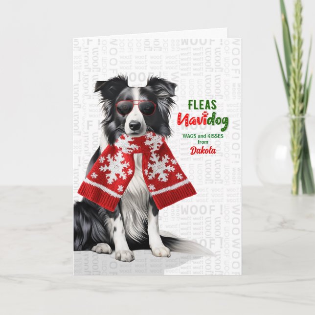Border Collie Hund Roliga Loppor Navidog med Namn Helgkort (Framsida)