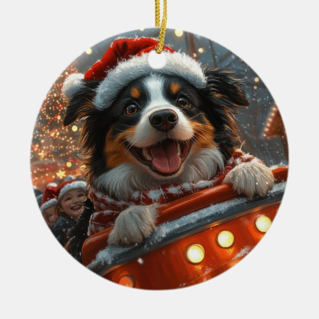 Border Collie Hund Rullande Berg-och-dalbana Jul Julgransprydnad Keramik (Framsidan)
