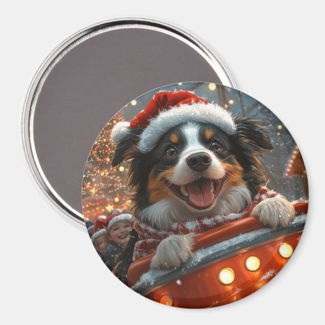 Border Collie Hund Rullande Bergbana Jul Magnet (Front/Back)