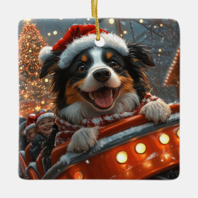 Border Collie Hund Rullande Matta Jul Julgransprydnad Keramik (Framsida)