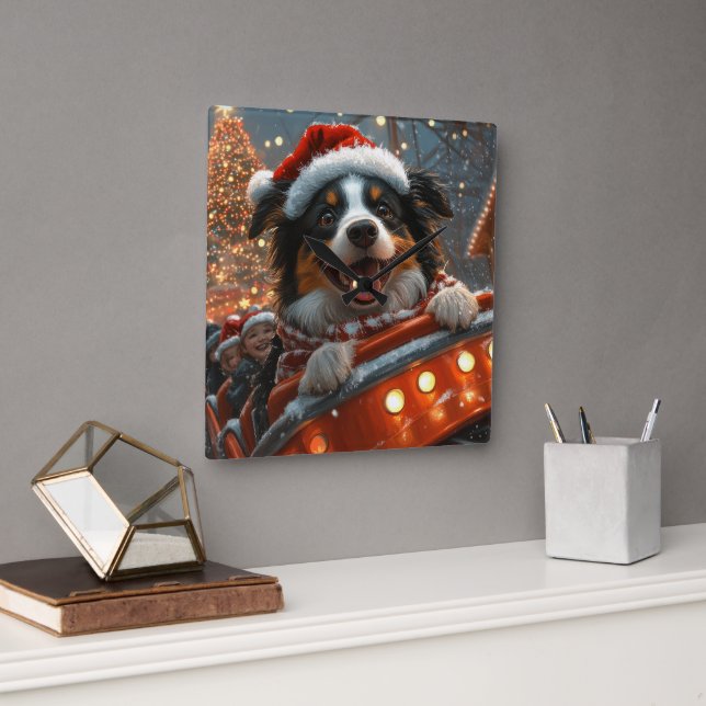 Border Collie Hund Rulltrappa Jul Fyrkantig Klocka (Kontor)