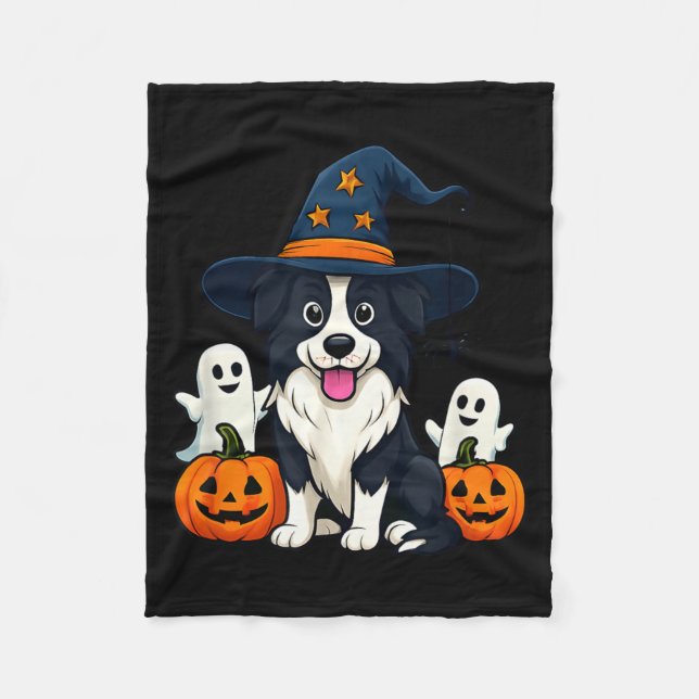 Border Collie Hund Svart Och Vit Halloween Spöken Fleecefilt (Framsidan)