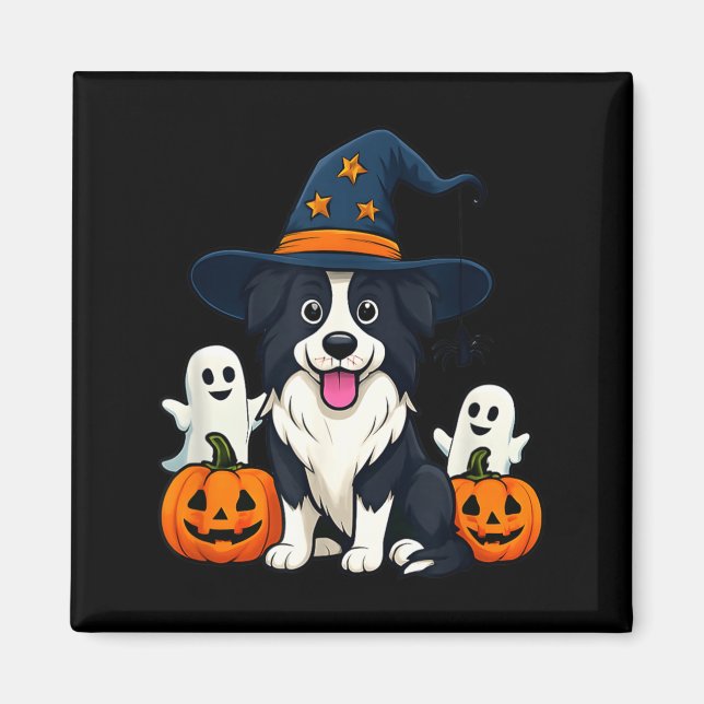 Border Collie Hund Svart Och Vit Halloween Spöken Magnet (Framsidan)