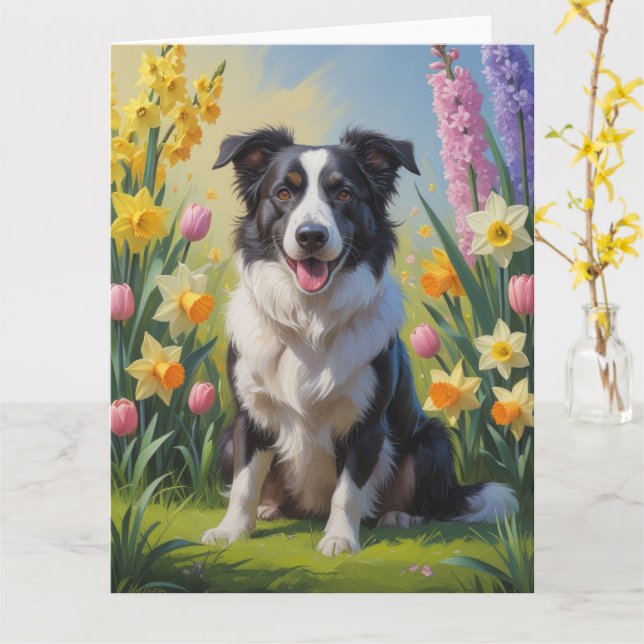 Border Collie Hund Vår Blommor Målning Kort (Gul blomma)