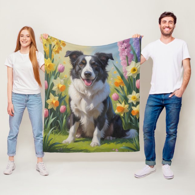 Border Collie Hund Vårblommor Målning Fleecefilt (På plats)