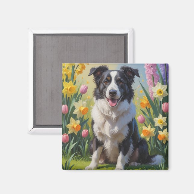 Border Collie Hund Vårblommor Målning Magnet (Front/Back)