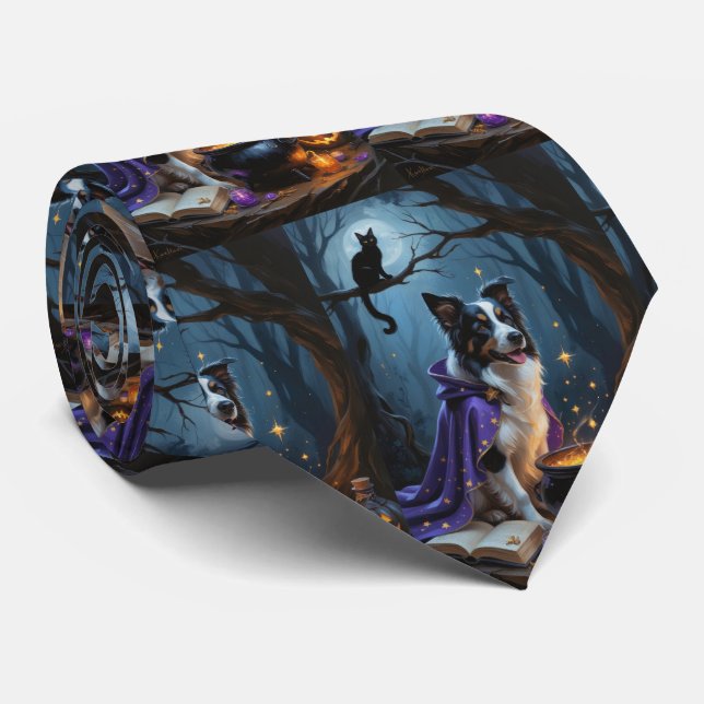 Border Collie Hund Whimsical Halloween-målning Slips (Rullad)