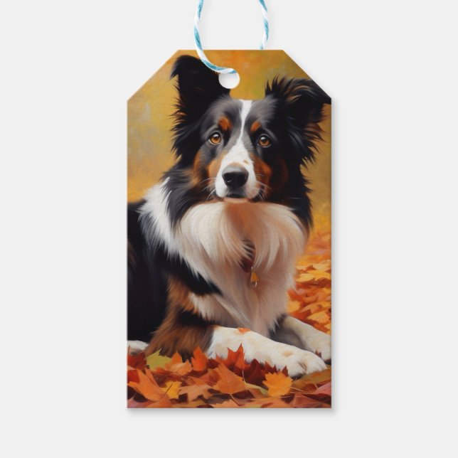 Border Collie i höstlöv faller inspirerar Presentetikett (Framsidan)