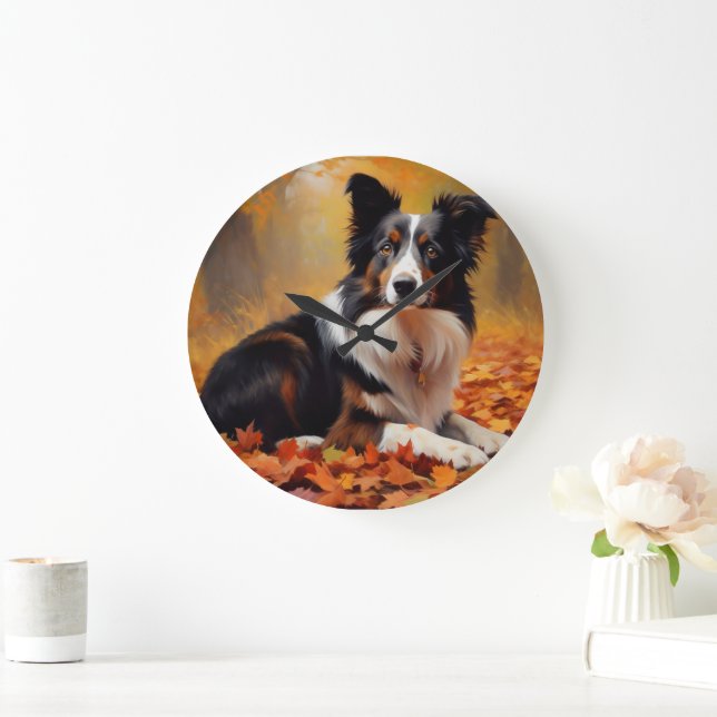 Border Collie i höstlöv faller inspirerar Stor Klocka (Hem)